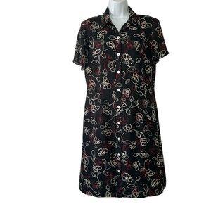 Talbots Women’s Black, Cream, and Red Floral Button-Front Shirt Dress- Size 12
